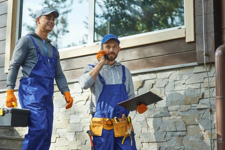 Deux artisans en combinaison de travail devant une maison