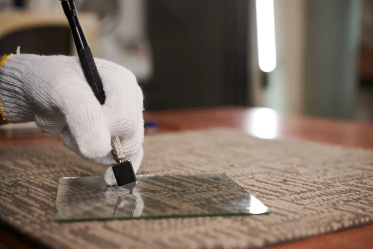 Découpe d'un petit vitrage à la main gantée