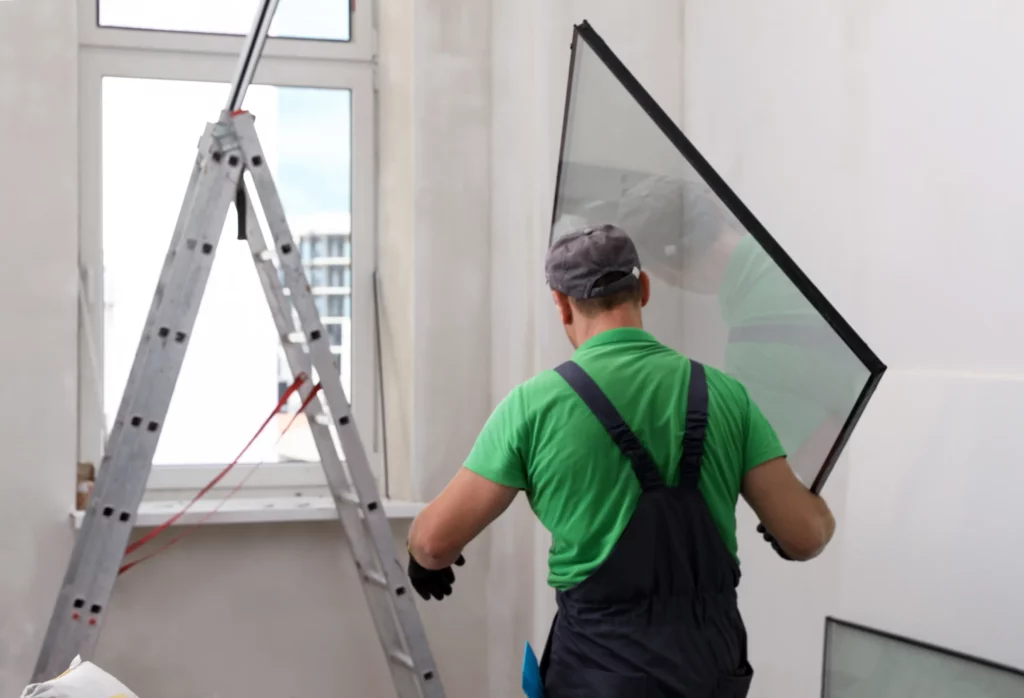 Pose d'un vitrage neuf depuis un escabeau