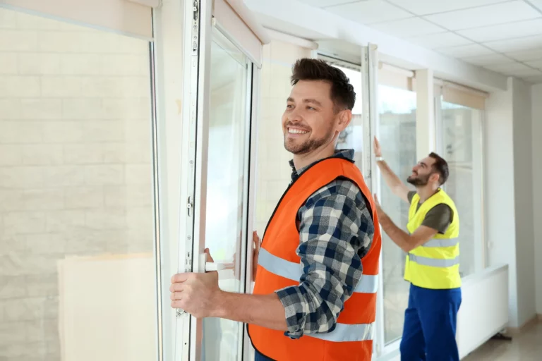 Deux poseurs installant une fenêtre dans un bureau