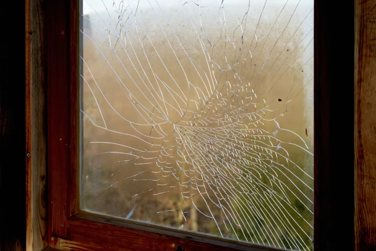 Vitre fêlée en étoile dans un cadre de fenêtre en bois